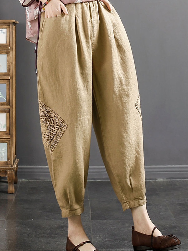 Casual Loose Lace Paneled Cotton And Linen Elastic Waist Pants