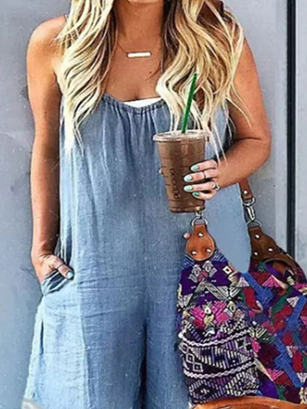 Casual Denim Solid Color Jumpsuit