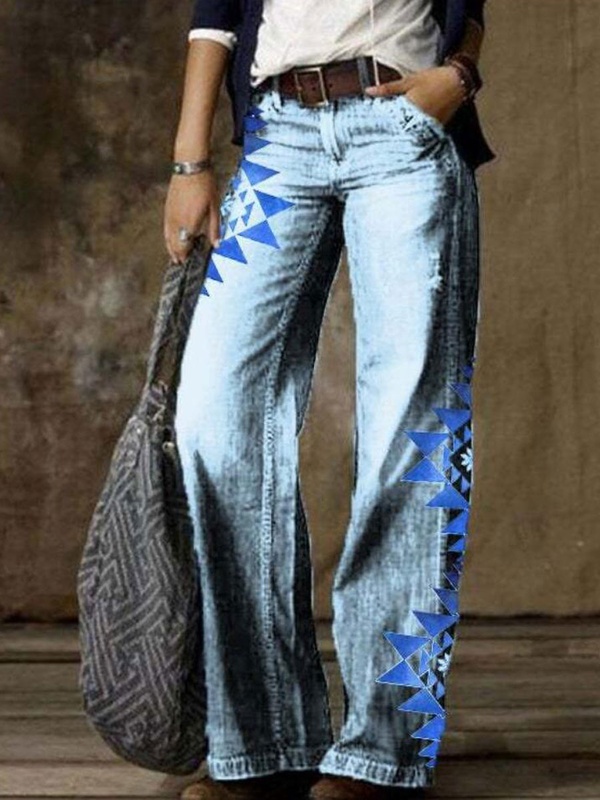 Wide Leg Pants Straight Fit Casual Vintage Floral Print Jeans