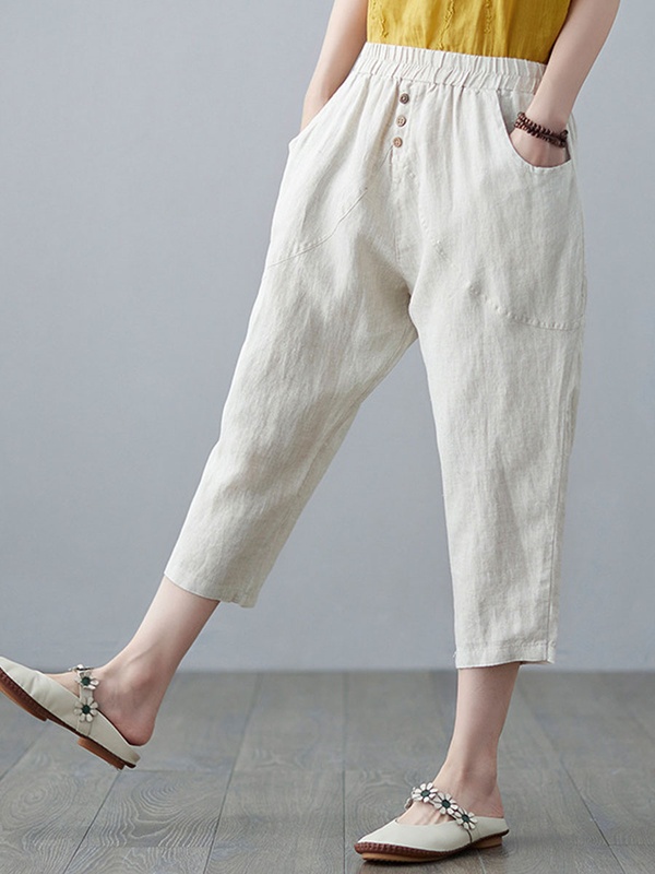 Casual Loose Solid Color Elastic Waist Pants