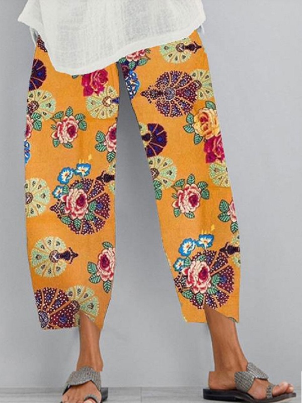 Womens Cotton And Linen Printed Elastic Cropped Pants