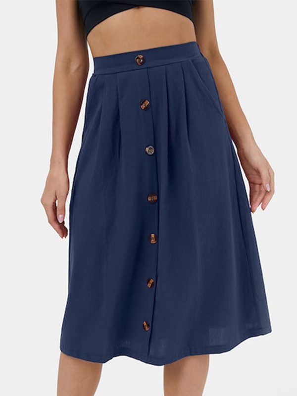 High Waist Side Pocket Button A line Casual Skirt