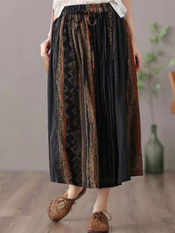 Loose Casual Print Tie Elastic Waist Skirt