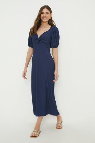 Navy Knot Front Puff Sleeve Midi Dress