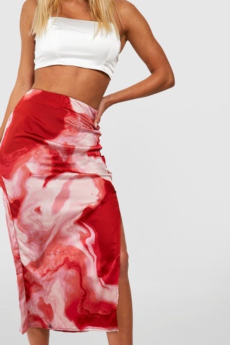 Marble Print Split Satin Midi Skirt