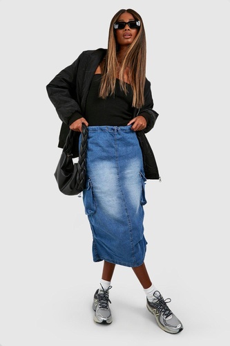 Ruched Side Cargo Pocket Denim Midi Skirt