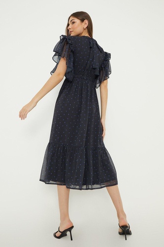 Chiffon Ruffle Sleeve Midi Dress