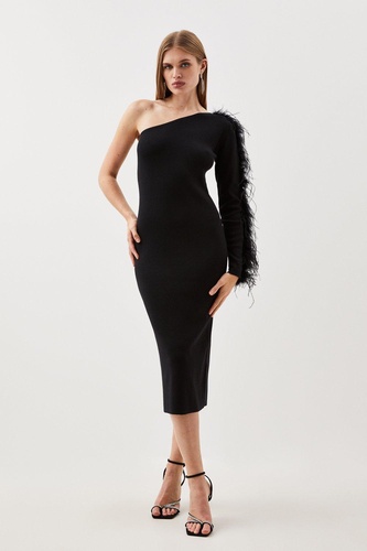 Viscose Blend One Shoulder Feather Detail Knit Midi Dress