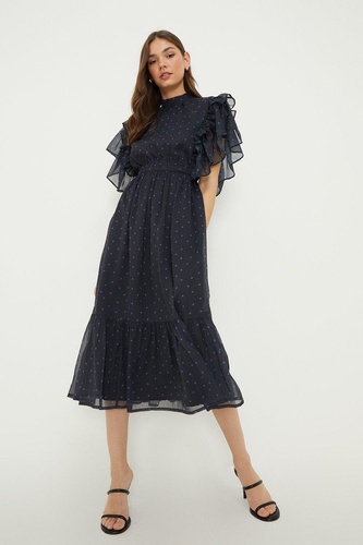 Chiffon Ruffle Sleeve Midi Dress