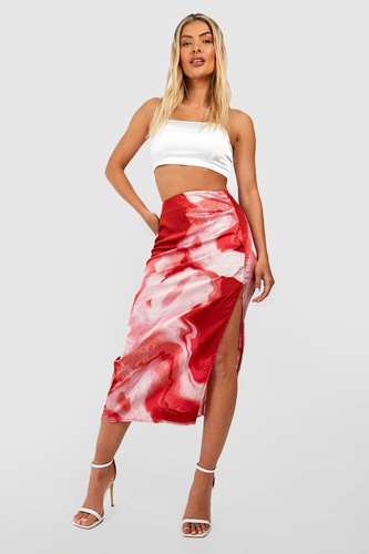 Marble Print Split Satin Midi Skirt