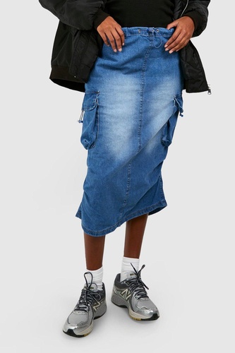 Ruched Side Cargo Pocket Denim Midi Skirt