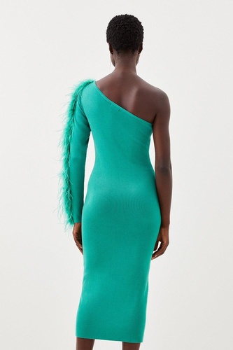 Viscose Blend One Shoulder Feather Detail Knit Midi Dress