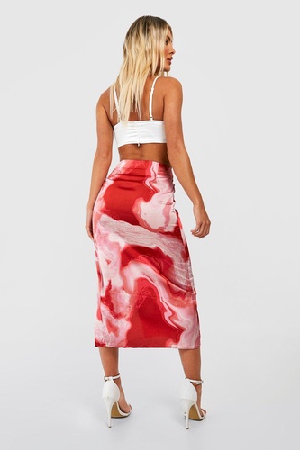 Marble Print Split Satin Midi Skirt