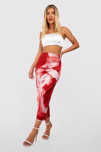 Marble Print Split Satin Midi Skirt