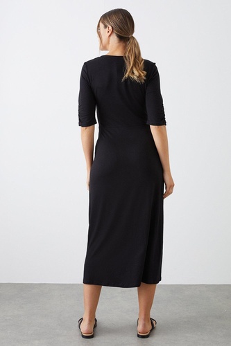 Black Ruched Sleeve Wrap Midi Dress