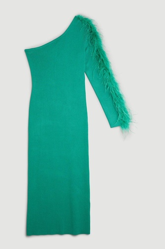 Viscose Blend One Shoulder Feather Detail Knit Midi Dress