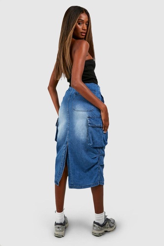 Ruched Side Cargo Pocket Denim Midi Skirt