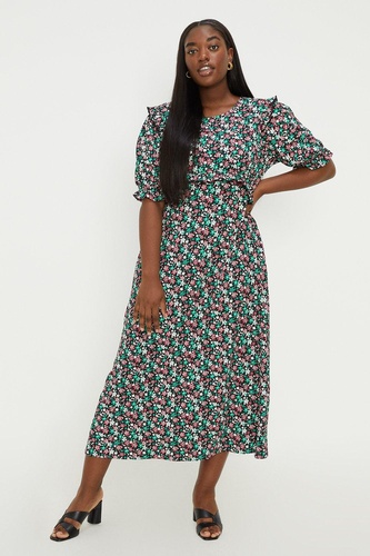 Curve Black Floral Ruffle Shoulder Midi Dress