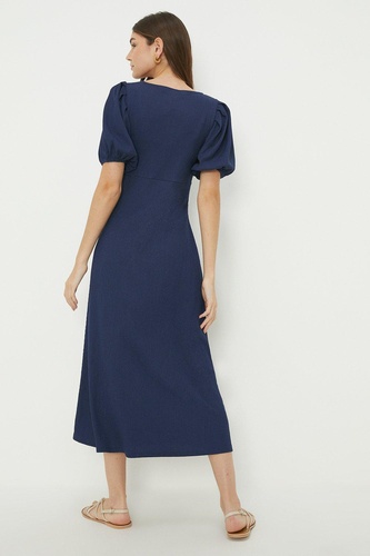 Navy Knot Front Puff Sleeve Midi Dress