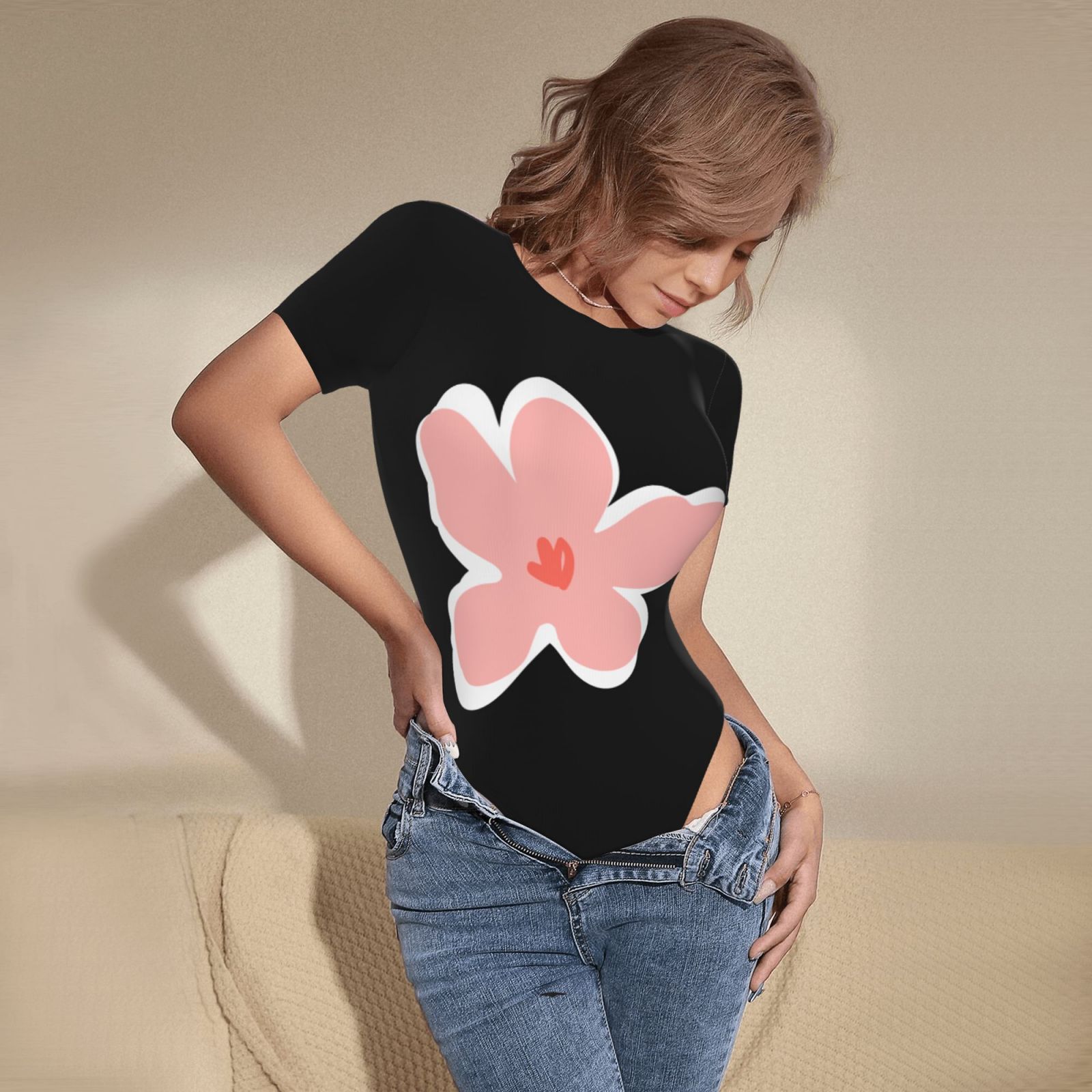 Women's Short-sleeved Rose Printing Onesie