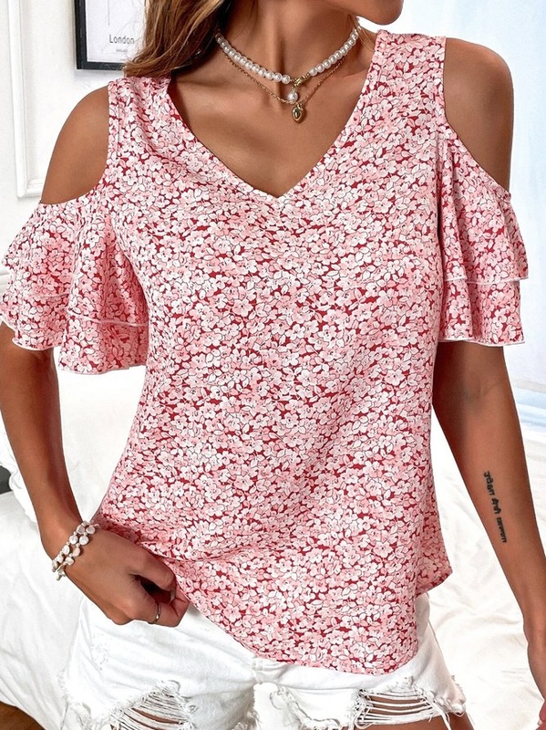 Casual V Neck Cold Shoulder Blouse