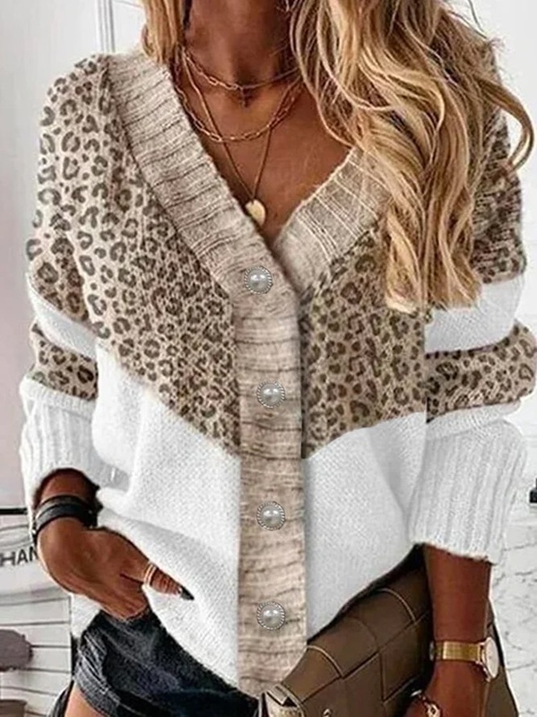 Leopard Cotton Blend Loose V Neck Sweater