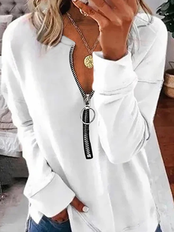 Long Sleeve V Neck Casual Solid Tunic Sweatshirt