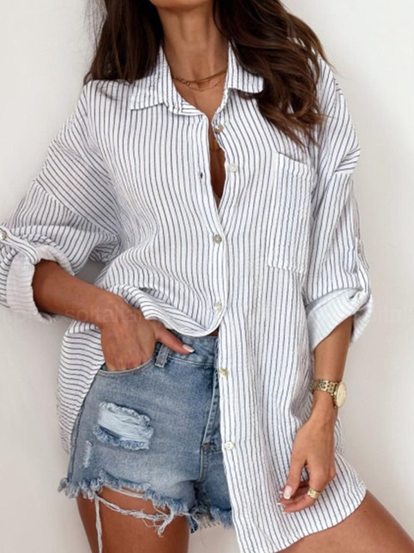 Striped Shirt Collar Casual Loose Blouse