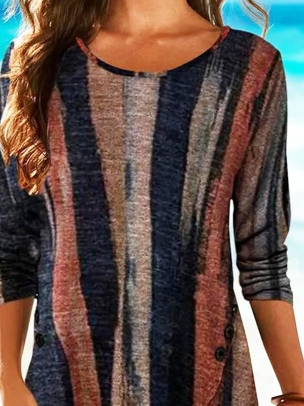 Brown Stripes Printed Casual Long Sleeve Shift Tunic Top