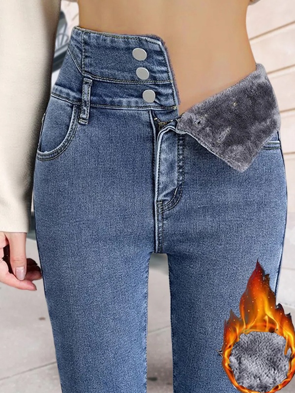 Fluff Granular Fleece Fabric Casual Tight Jeans