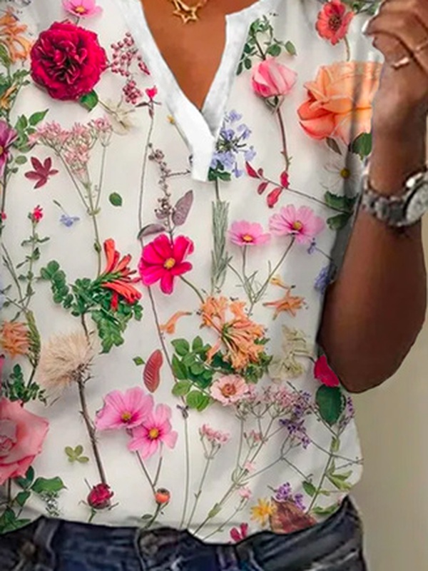 Loose V Neck Casual Floral Shirt