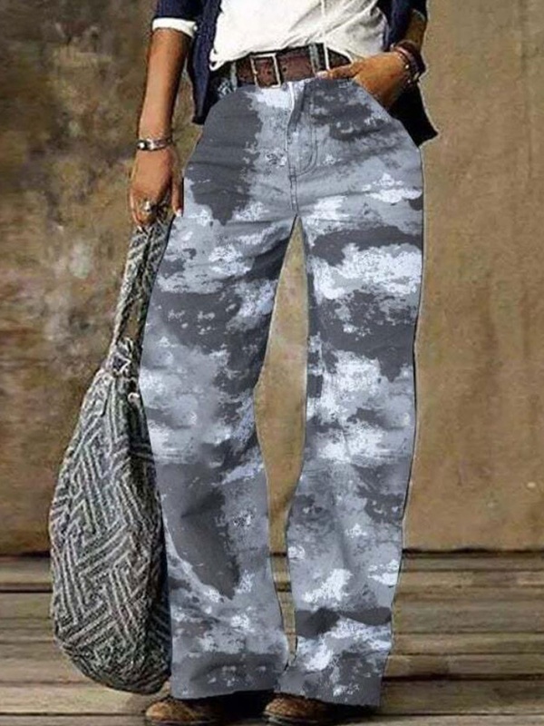 Wide Leg Pants Straight Fit Casual Vintage Floral Print Jeans