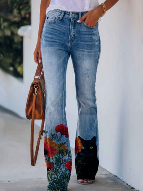 Slouchy Floral Print Flare Jeans