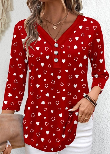 ROTITA Valentines Day Button Heart Print Red T Shirt