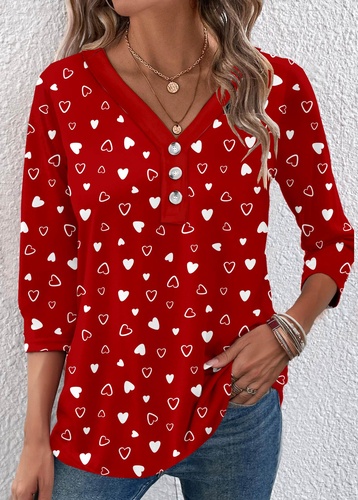 ROTITA Valentines Day Button Heart Print Red T Shirt