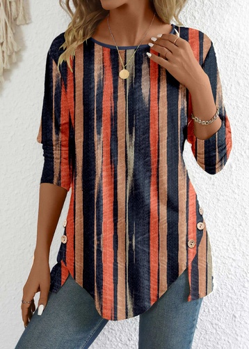 ROTITA Button Multi Stripe Print Round Neck T Shirt