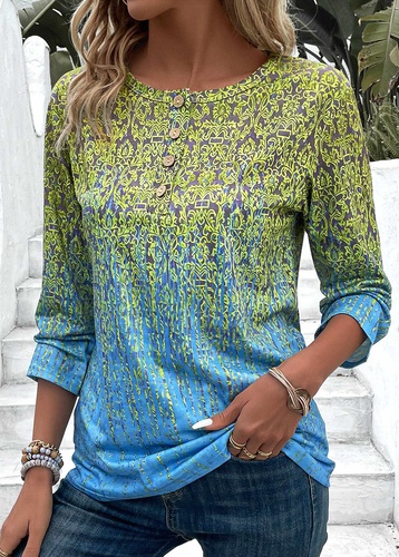 Button Ombre Blue Round Neck 3 4 Sleeve T Shirt