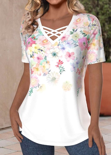 ROTITA Criss Cross Floral Print White V Neck T Shirt