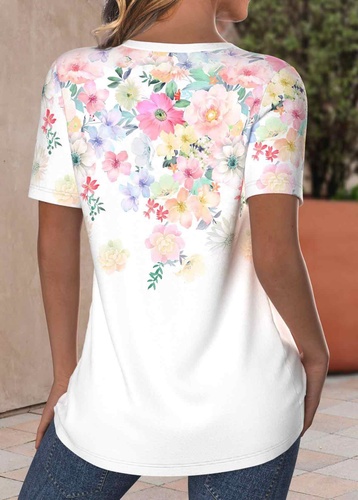 ROTITA Criss Cross Floral Print White V Neck T Shirt