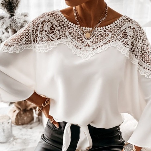 Plain Batwing Sleeve See Through Round Neck Standard Womens Blouse