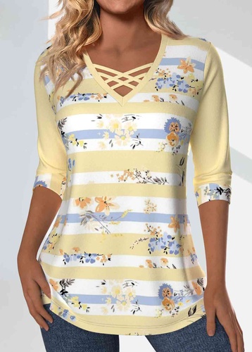 ROTITA Patchwork Striped Light Yellow V Neck T Shirt