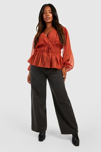 Plus Tie Shirred Waist Dobby Peplum Top