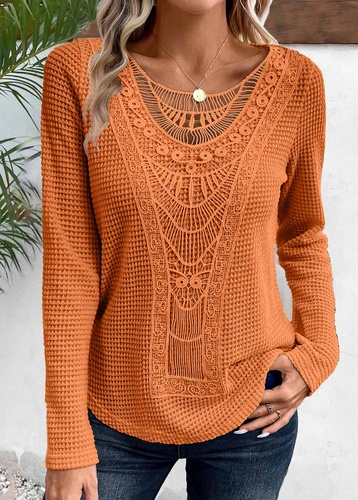 ROTITA Lace Terracotta Round Neck Long Sleeve T Shirt