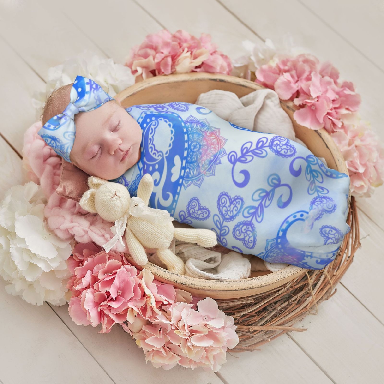 Baby Beanie Hat Headband Swaddle Blanket Set