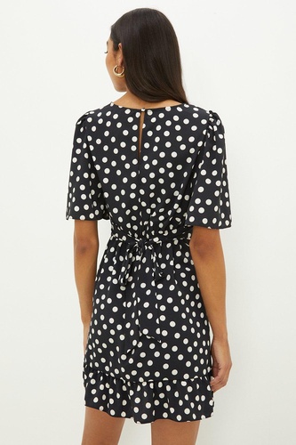 Mono Spot Print Flutter Sleeve Mini Dress