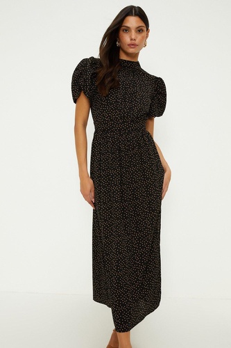 Petite Polka Dot Puff Sleeve Tie Neck Midi Dress