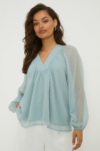 Petite Dobby Chiffon Long Sleeve Overhead Blouse