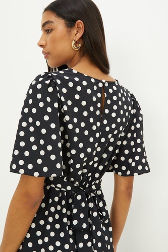 Mono Spot Print Flutter Sleeve Mini Dress