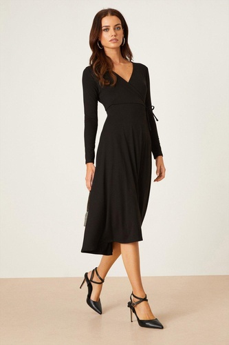 Petite Black Long Sleeve Wrap Midi Dress