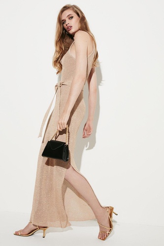 Belted Open Stitch Luxe Shimmer Knit Maxi Dress